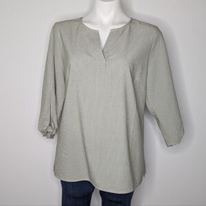 Chico's Green White Striped Slit Neck 3/4 Sleeve Top M